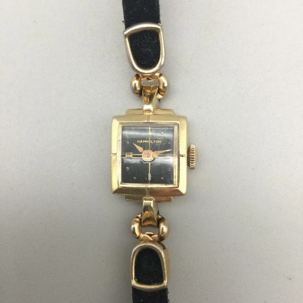 Vintage Hamilton Womens Watch 14mm 14K Gold Manual Wind Leather Band